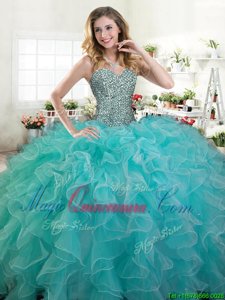 Cheap Ball Gowns Vestidos de Quinceanera Turquoise Sweetheart Organza Sleeveless Floor Length Lace Up