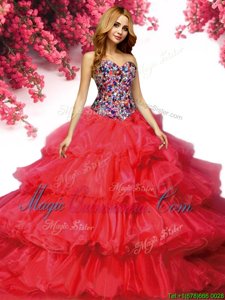 Shining Organza Sweetheart Sleeveless Brush Train Lace Up Beading and Ruffled Layers Quinceanera Dress in Red