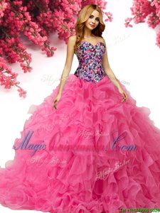 Dramatic Sweetheart Sleeveless Lace Up Sweet 16 Dresses Hot Pink Organza