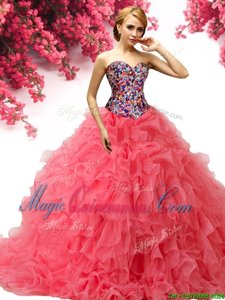 Pretty Coral Red Sleeveless With Train Beading and Ruffles Lace Up Sweet 16 Dresses