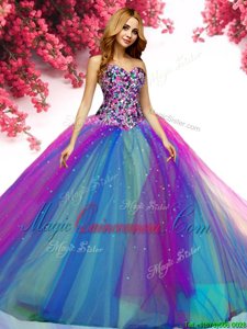 Multi-color Sleeveless Floor Length Beading Lace Up 15th Birthday Dress