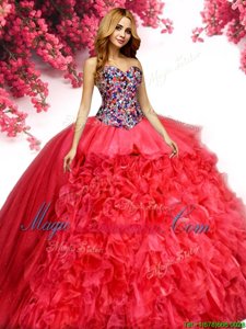 Stylish Sleeveless Organza Floor Length Lace Up Ball Gown Prom Dress in Red for with Beading and Ruffles