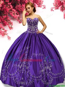 Flare Purple Ball Gowns Sweetheart Sleeveless Taffeta Floor Length Lace Up Embroidery Vestidos de Quinceanera