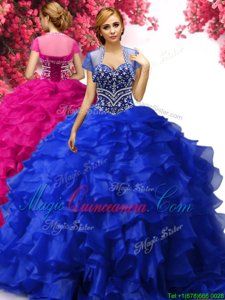 Royal Blue Sleeveless Organza Lace Up Quinceanera Gown for Military Ball and Sweet 16 and Quinceanera
