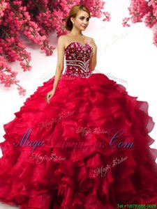Red Lace Up Sweetheart Beading and Ruffles Quinceanera Dress Organza Sleeveless