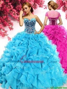 Beading and Ruffles Quince Ball Gowns Aqua Blue Lace Up Sleeveless Floor Length