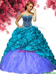 Glittering Teal Sleeveless Brush Train Beading and Pick Ups Ball Gown Prom Dress