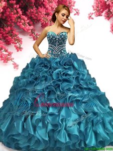 Floor Length Lace Up Quinceanera Gowns Teal and In for Military Ball and Sweet 16 and Quinceanera with Beading and Ruffles