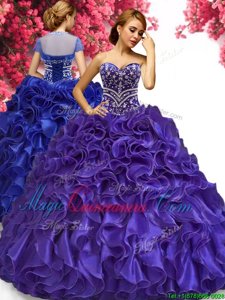 Best Selling Floor Length Purple Quinceanera Dresses Organza Sleeveless Beading and Ruffles