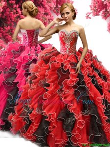 Red And Black Organza Lace Up Sweetheart Sleeveless Floor Length Vestidos de Quinceanera Beading and Ruffles