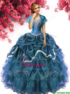 Wonderful Teal Organza and Taffeta Lace Up Sweetheart Sleeveless Floor Length Quinceanera Gown Beading and Ruffles and Pick Ups