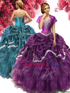 Colorful Dark Purple Ball Gowns Sweetheart Sleeveless Organza and Taffeta Floor Length Lace Up Beading and Ruffles and Pick Ups Vestidos de Quinceanera