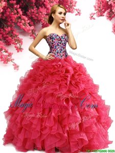 Custom Fit Ball Gowns Quinceanera Gowns Red Sweetheart Organza Sleeveless Floor Length Lace Up