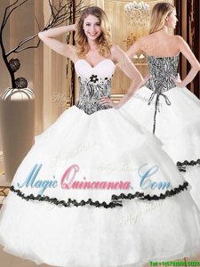 White Organza Lace Up Ball Gown Prom Dress Sleeveless Floor Length Ruffled Layers and Pattern
