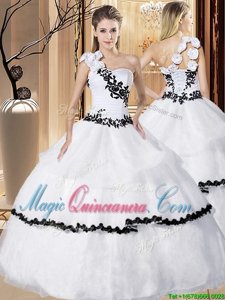 Customized White One Shoulder Lace Up Appliques and Hand Made Flower 15th Birthday Dress Sleeveless
