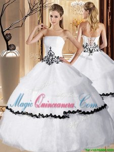 Glorious White Ball Gowns Appliques and Ruffled Layers Quinceanera Dresses Lace Up Organza Sleeveless Floor Length