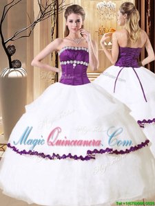 White Organza Lace Up Strapless Sleeveless Floor Length Ball Gown Prom Dress Beading and Embroidery and Ruffled Layers