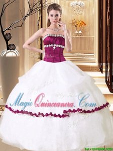 White and Eggplant Purple Quinceanera Gowns Military Ball and Sweet 16 and Quinceanera and For with Beading Strapless Sleeveless Lace Up