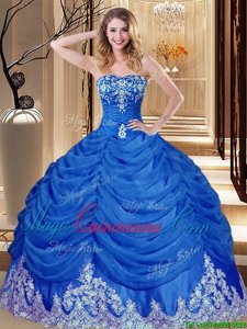 Deluxe Royal Blue Ball Gowns Appliques and Pick Ups Quinceanera Dresses Lace Up Tulle Sleeveless Floor Length