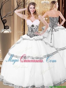 Eye-catching Sleeveless Organza Floor Length Lace Up Ball Gown Prom Dress in White for with Ruffles