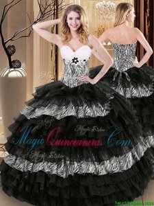 Discount Black Ball Gowns Organza and Printed Sweetheart Sleeveless Ruffled Layers and Pattern Floor Length Lace Up Sweet 16 Dresses