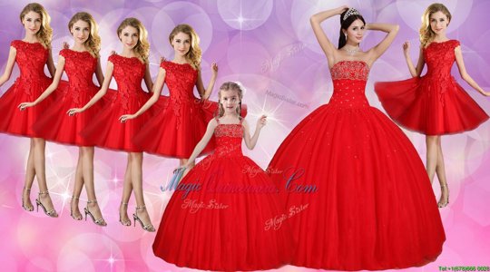 Noble Floor Length Red Quince Ball Gowns Strapless Sleeveless Lace Up