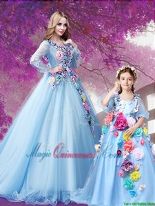 Vintage Organza V-neck Long Sleeves Sweep Train Lace Up Beading and Hand Made Flower Sweet 16 Quinceanera Dress in Baby Blue